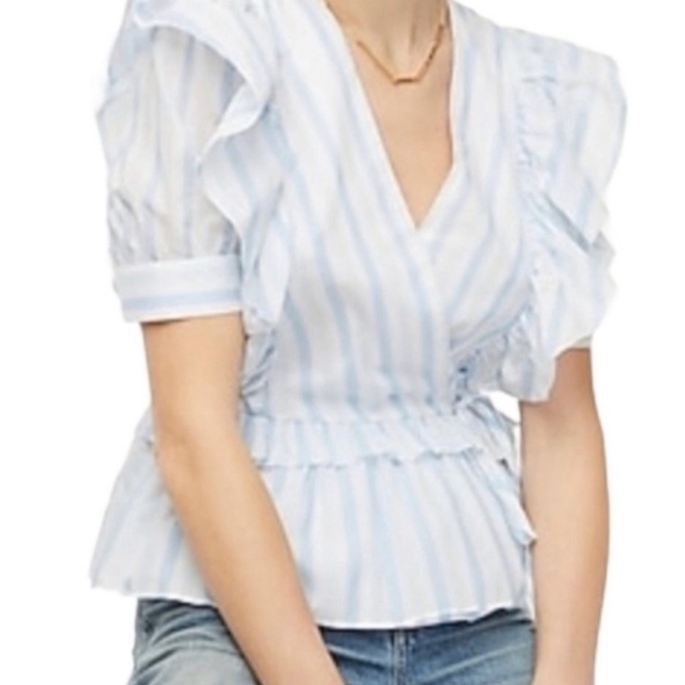 J. Crew Light Blue White NWTs Striped Ruffle Wrap Top Blouse size large